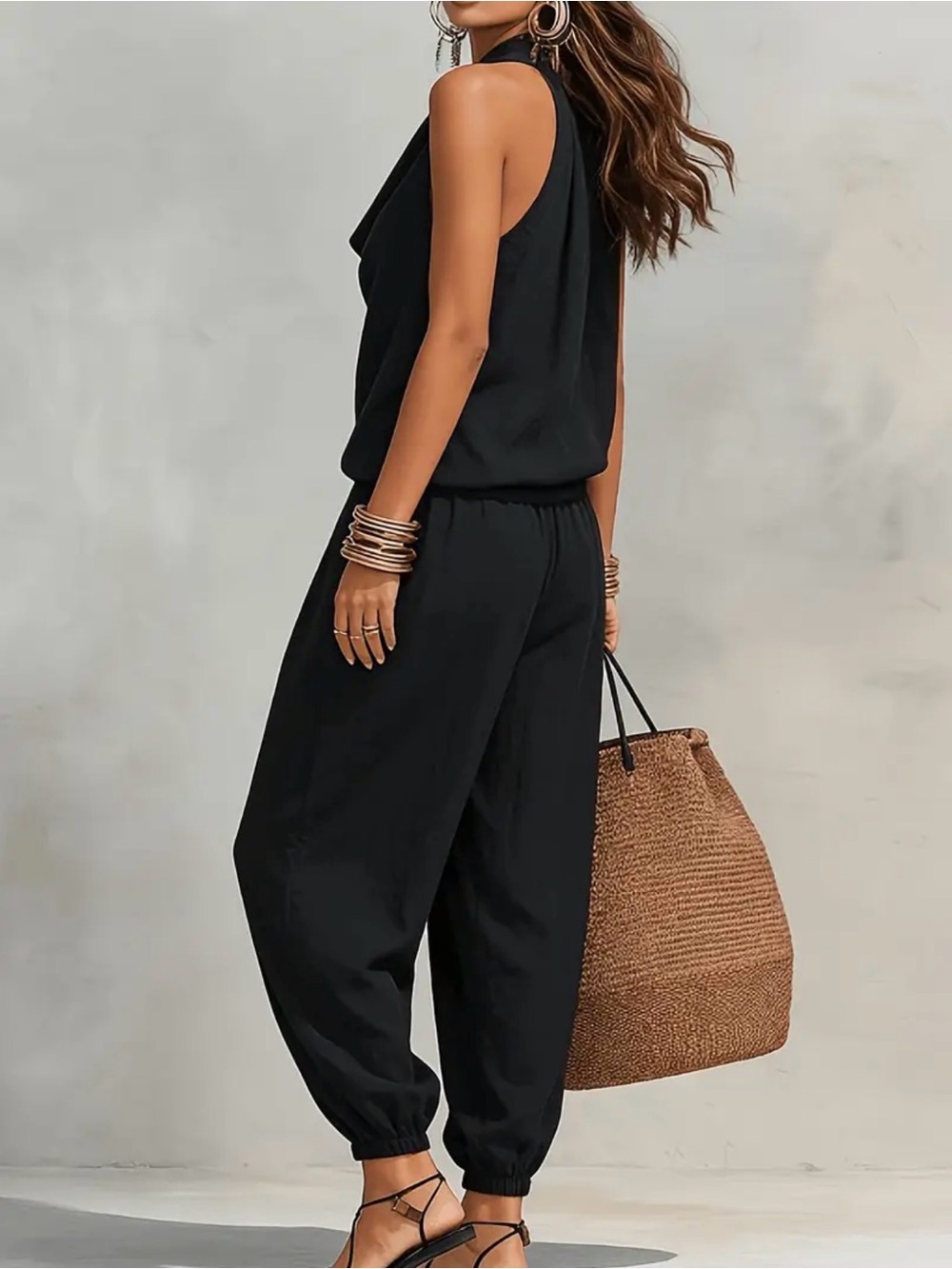 Women’s 2 piece Black Halter linen Jumpsuit. - Picture 2 of 8